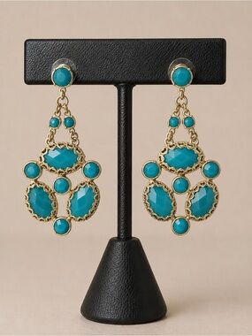 Chunky Gold Turquoise Dangle Eartings–Trendy Style